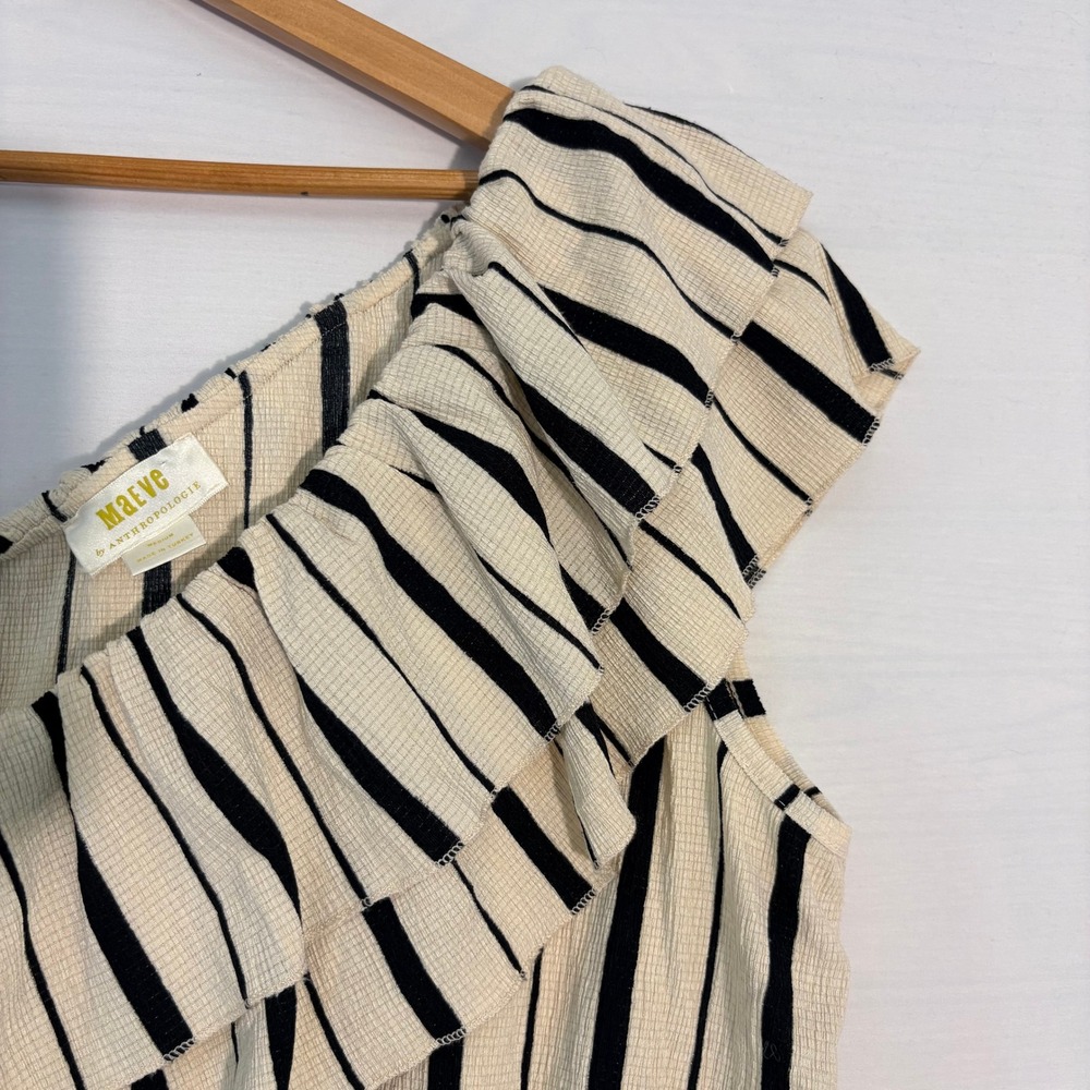 Maeve Anthropologie One Shoulder Ruffle Peplum Top Striped Cream Black Medium - Picture 5 of 8